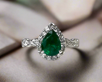 Via 1.31 Carats Pear Cut Emerald Gemstone Ring in 18K White Gold By Mike Nekta NYC