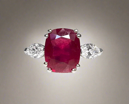 Eve 3.81 Carats Cushion Cut Ruby Gemstone Ring in Platinum By Mike Nekta NYC