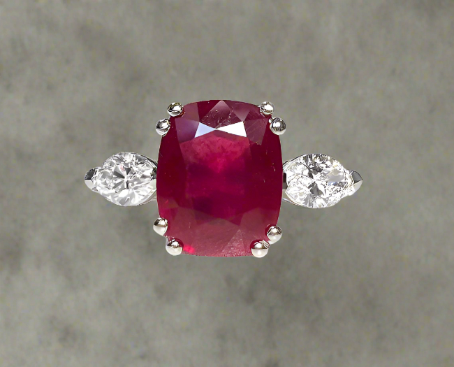 Eve 3.81 Carats Cushion Cut Ruby Gemstone Ring in Platinum By Mike Nekta NYC