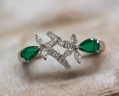 Bernadette 2.83 Carats Pear Cut Emerald Gemstone Flower Ring in 18K White Gold By Mike Nekta NYC