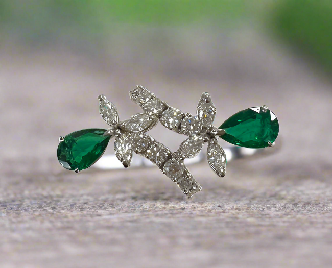 Bernadette 2.83 Carats Pear Cut Emerald Gemstone Flower Ring in 18K White Gold By Mike Nekta NYC