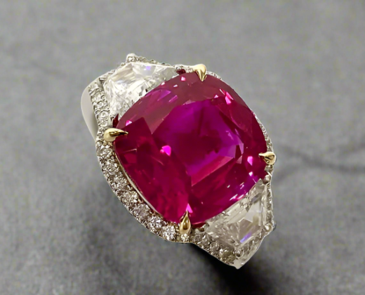 Kaeli 7.16 Carats No Heat Cushion Cut Ruby Gemstone Ring in Platinum Enhanced background 1