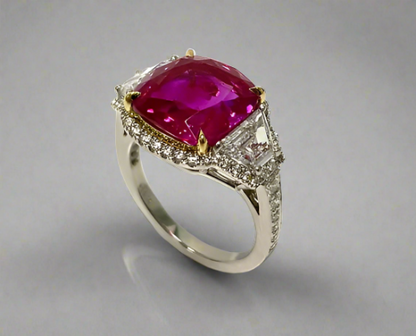 Kaeli 7.16 Carats No Heat Cushion Cut Ruby Gemstone Ring in Platinum side Enhanced background