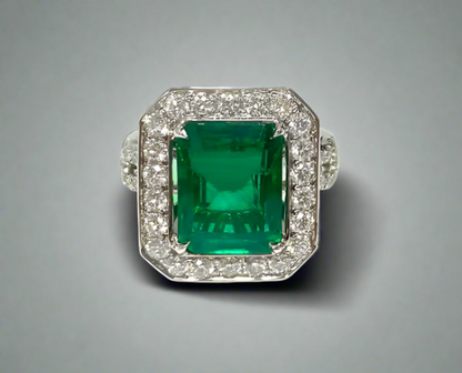 Azari 5.25 Carats Emerald Cut Emerald Gemstone Ring in 18K White Gold Enhanced Background