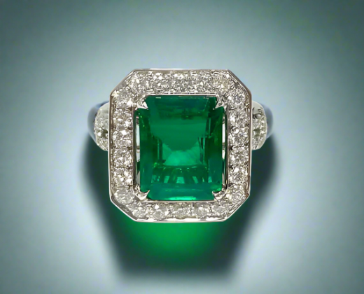 Azari 5.25 Carats Emerald Cut Emerald Gemstone Ring in 18K White Gold Enhanced Background 1