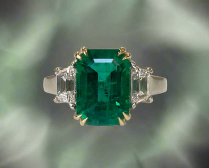 Birdie 3.52 Carats Emerald Cut Emerald Gemstone Ring in Platinum Enhanced Background