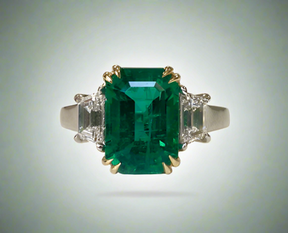 Birdie 3.52 Carats Emerald Cut Emerald Gemstone Ring in Platinum Front View Enhanced Background