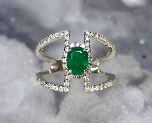 Alaina 0.78 Carats Oval Cut Emerald Gemstone Ring in 18K White Gold By Mike Nekta NYC