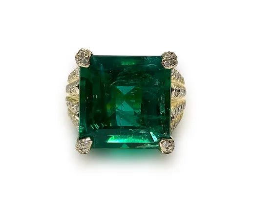 Hadassah 14.95 Carats Emerald Cut Emerald Gemstone Ring in 18K Yellow Gold Front View