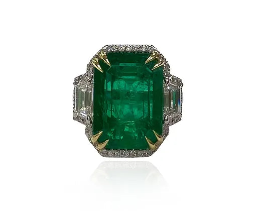 Wrenley Emerald Emerald Cut Gemstone Halo Three Stone Ring in Platinum