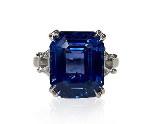 Taytum 11.38 Carats Sapphire Emerald Cut Gemstone Ring in Platinum Front View