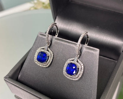 Nila 2.26 Carats Cushion Cut Sapphire Gemstone Drop Earrings in 18K White Gold in a Box