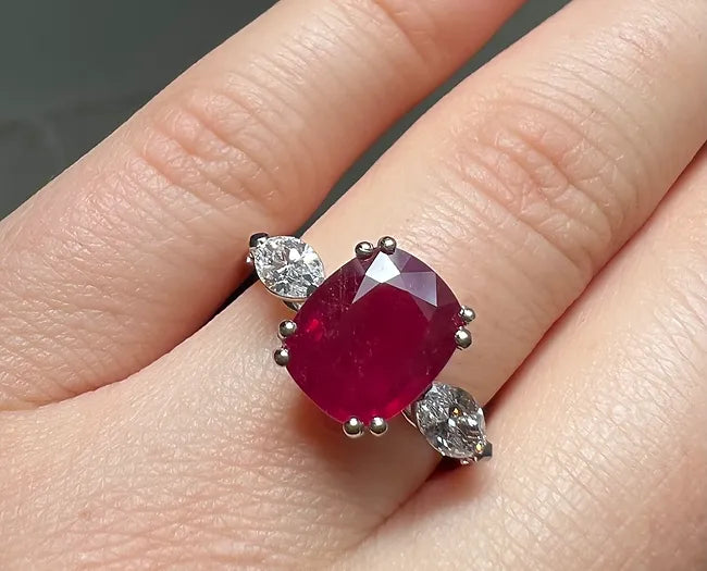 Eve 3.81 Carats Cushion Cut Ruby Gemstone Ring in Platinum By Mike Nekta NYC in Hand