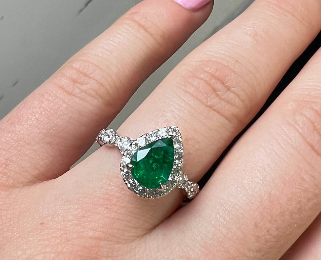 Via 1.31 Carats Pear Cut Emerald Gemstone Ring in 18K White Gold By Mike Nekta NYC in Hand