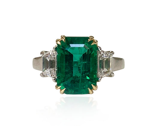 Birdie 3.52 Carats Emerald Cut Emerald Gemstone Ring in Platinum Front View