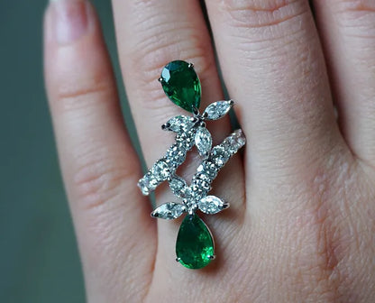 Bernadette 2.83 Carats Pear Cut Emerald Gemstone Flower Ring in 18K White Gold By Mike Nekta NYC in Hand