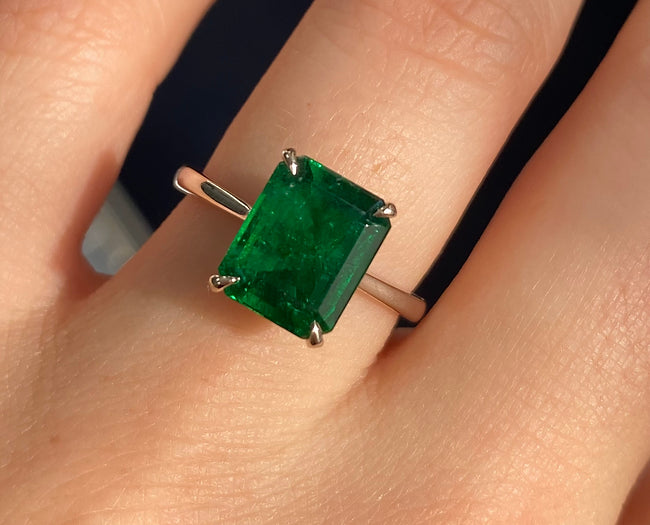 Lani 2.77 Carats Emerald Cut Emerald Gemstone Solitaire Ring in 18K White Gold By Mike Nekta NYC in Hand