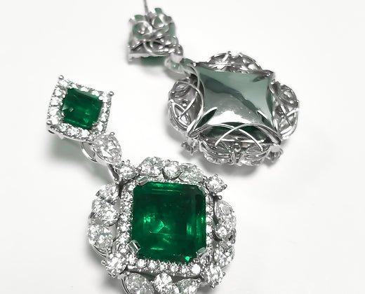 Tiana 24.56 Carats Emerald Cut Emerald Gemstone Earrings in 18K White Gold Front and Back View