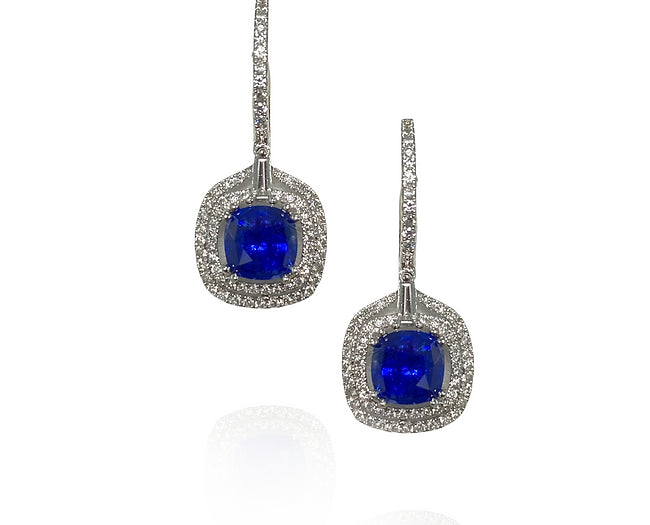 Nila 2.26 Carats Cushion Cut Sapphire Gemstone Drop Earrings in 18K White Gold