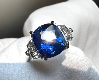 Angelina 3.65 Carats Sapphire Cushion Cut Gemstone Ring in Platinum on hand