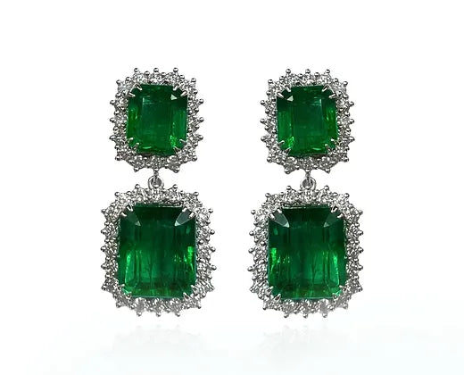 Adelaide 20.11 Carats Emerald Cut Emerald Gemstone Dangle Earrings in 18K White Gold