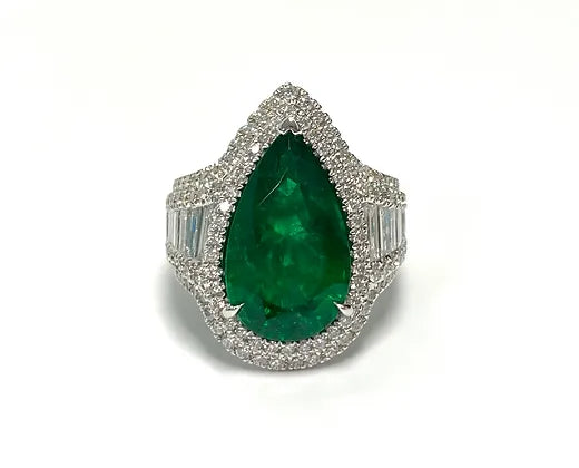 Scottie 7.06 Carats Pear Cut Emerald Gemstone Ring in 18K White Gold Front View