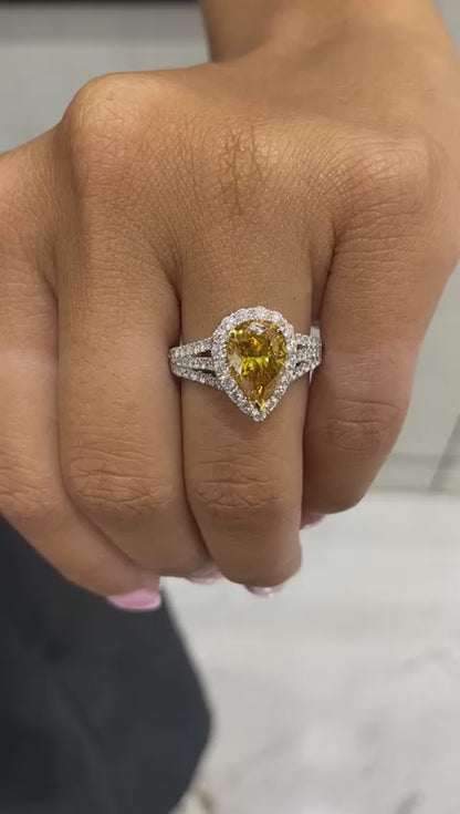 Valerie 3 Carat Fancy Vivid Yellow Orange Pear Shape Diamond Engagement Ring in 18k White Gold