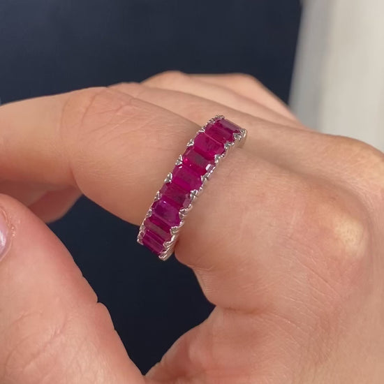 Khloe Ruby Emerald Cut Gemstone Rings in 18k White Gold Video