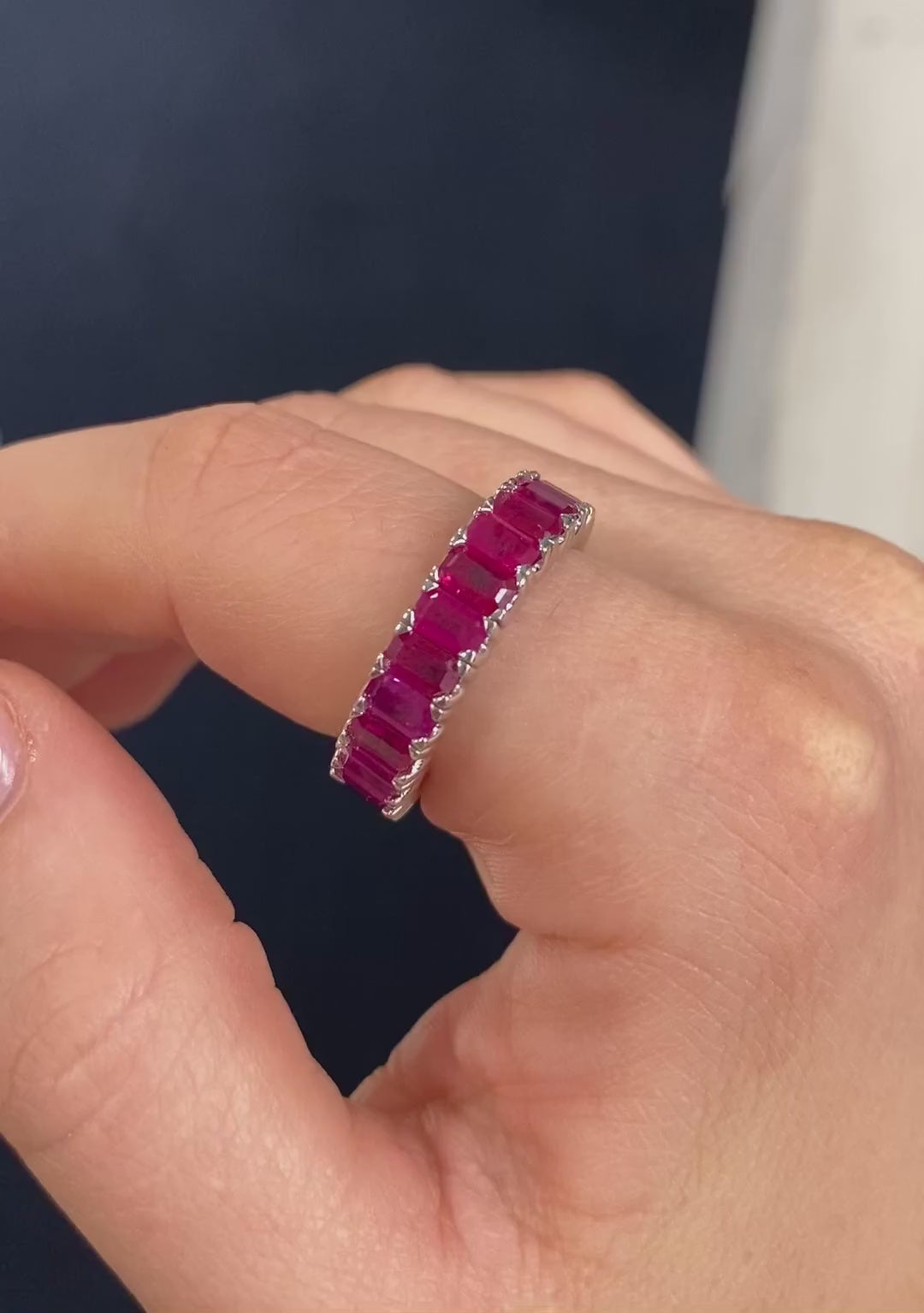 Khloe Ruby Emerald Cut Gemstone Rings in 18k White Gold Video