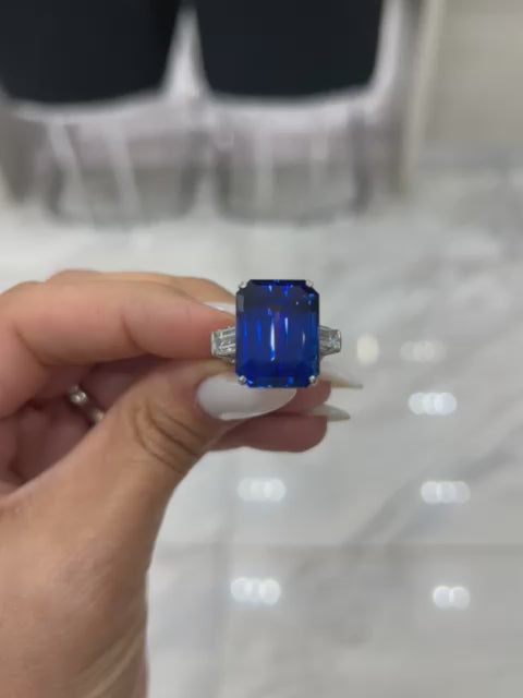 Emory 25 Carat Emerald Cut Blue Sapphire Ring Video