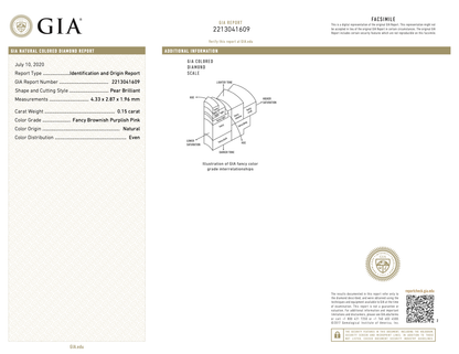 Natural Brownish Purplish Pink Diamond Pear Shape Cut .15 Carat Argyle Diamond Gia Report View