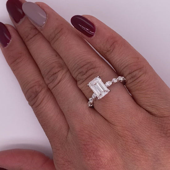 Diamond Ring Emerald Cut 2 Carat Sidestone Ring in 18K  White Gold Video on Hand