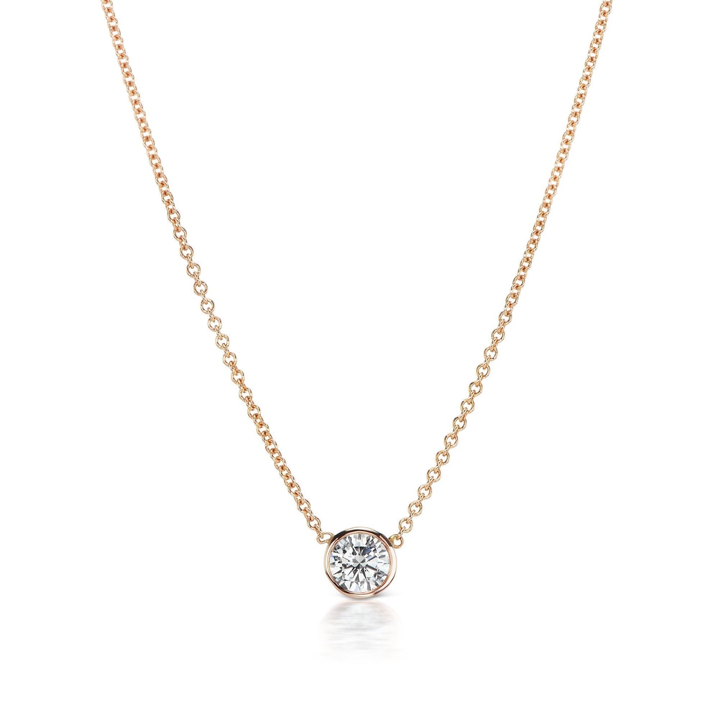 1 Carat Round Diamond in Bezel set in Rose Gold with chain front view