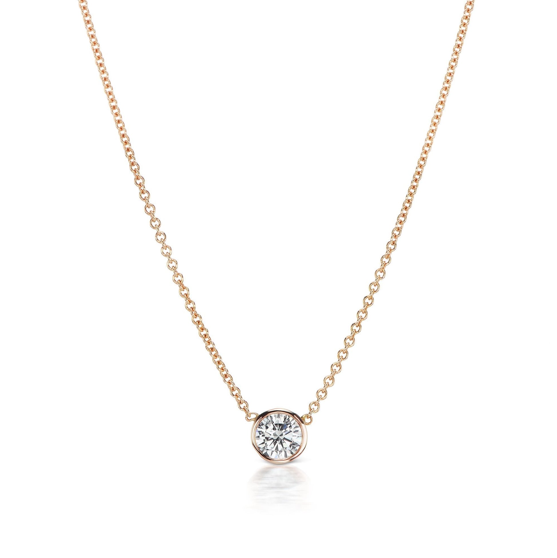 1 Carat Round Diamond in Bezel set in Rose Gold with chain front view