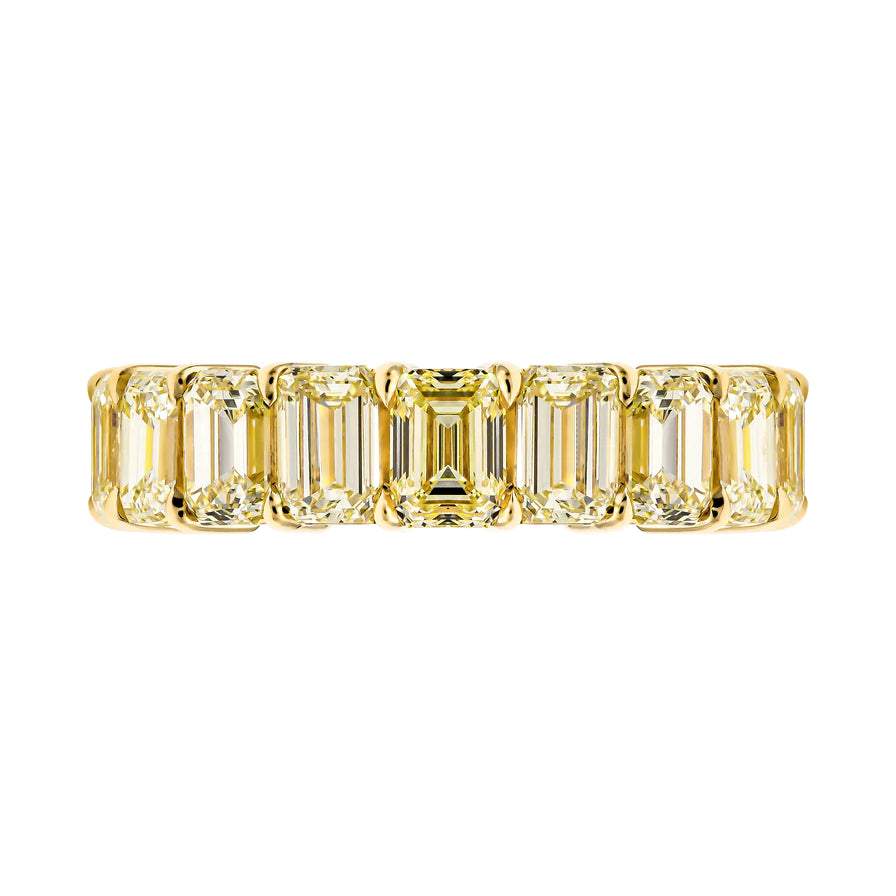 10 Carat Emerald Cut Diamond Eternity Band in 18K Yellow Gold 50 pointer Profile View