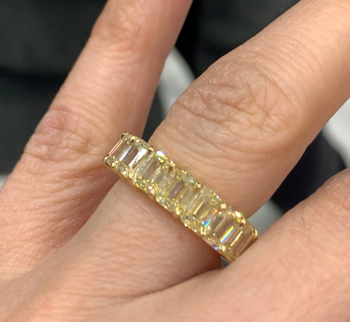 CHLOE 10 Carat Light Yellow Diamond Emerald Cut Eternity Band in 18K Yellow Gold 50 pointer Certified By Mike Nekta SIZE 6.5