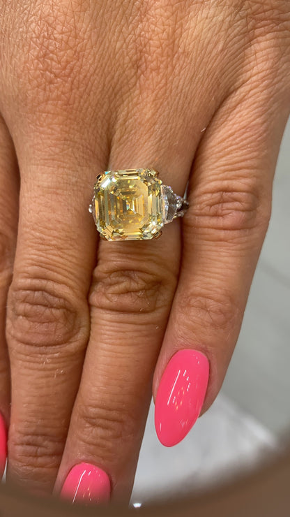 RAYO 11 CARAT ASSCHER CUT NATURAL FANCY YELLOW DIAMOND ENGAGEMENT RING 18K GOLD GIA CERTIFIED 10 CT FBY VVS2 BY MIKE NEKTA