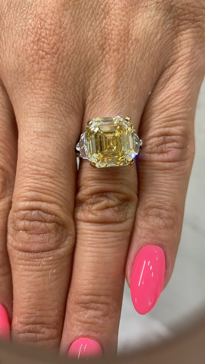 RAYO 11 CARAT ASSCHER CUT NATURAL FANCY YELLOW DIAMOND ENGAGEMENT RING 18K GOLD GIA CERTIFIED 10 CT FBY VVS2 BY MIKE NEKTA