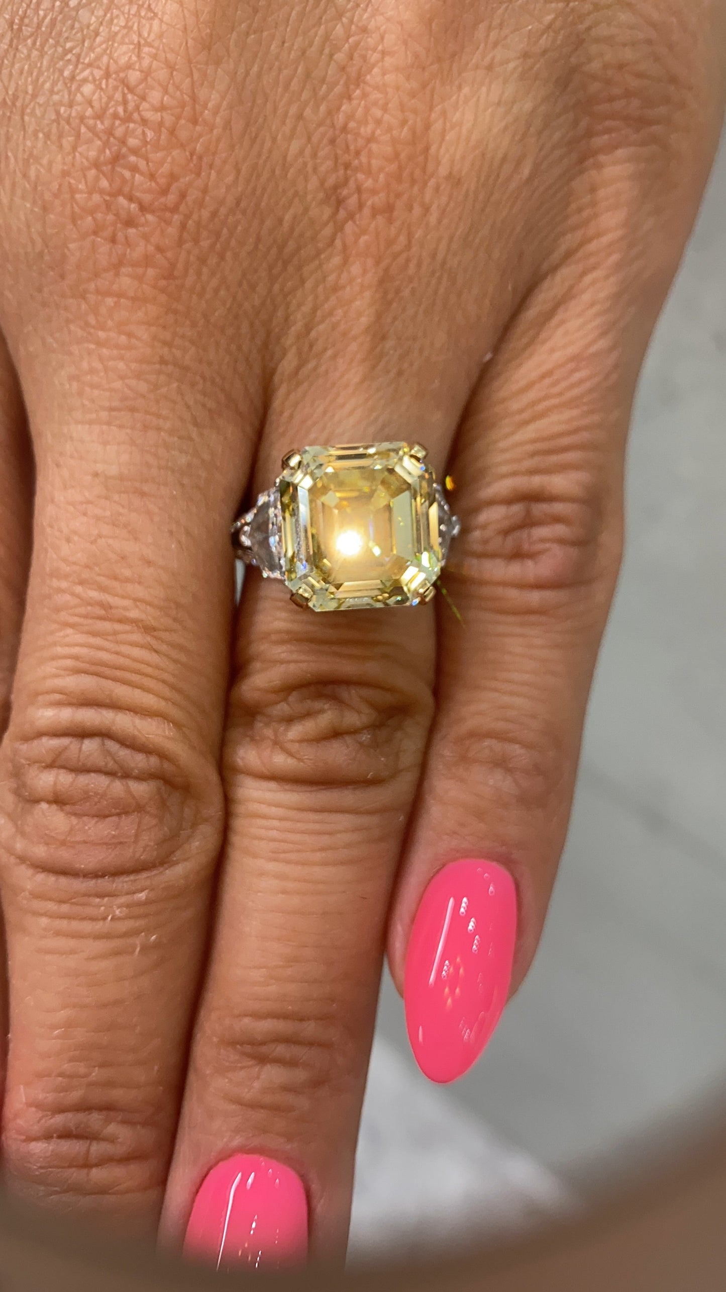 RAYO 11 CARAT ASSCHER CUT NATURAL FANCY YELLOW DIAMOND ENGAGEMENT RING 18K GOLD GIA CERTIFIED 10 CT FBY VVS2 BY MIKE NEKTA