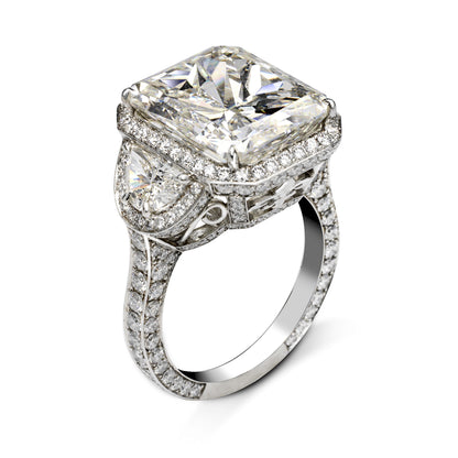 Diamond Ring Radiant Cut 11 Carat Halo Ring in Platinum Side View