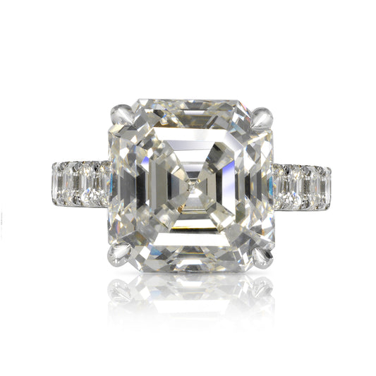 Diamond Ring Asscher Cut 12 Carat Sidestone Ring in 18K White Gold Front View