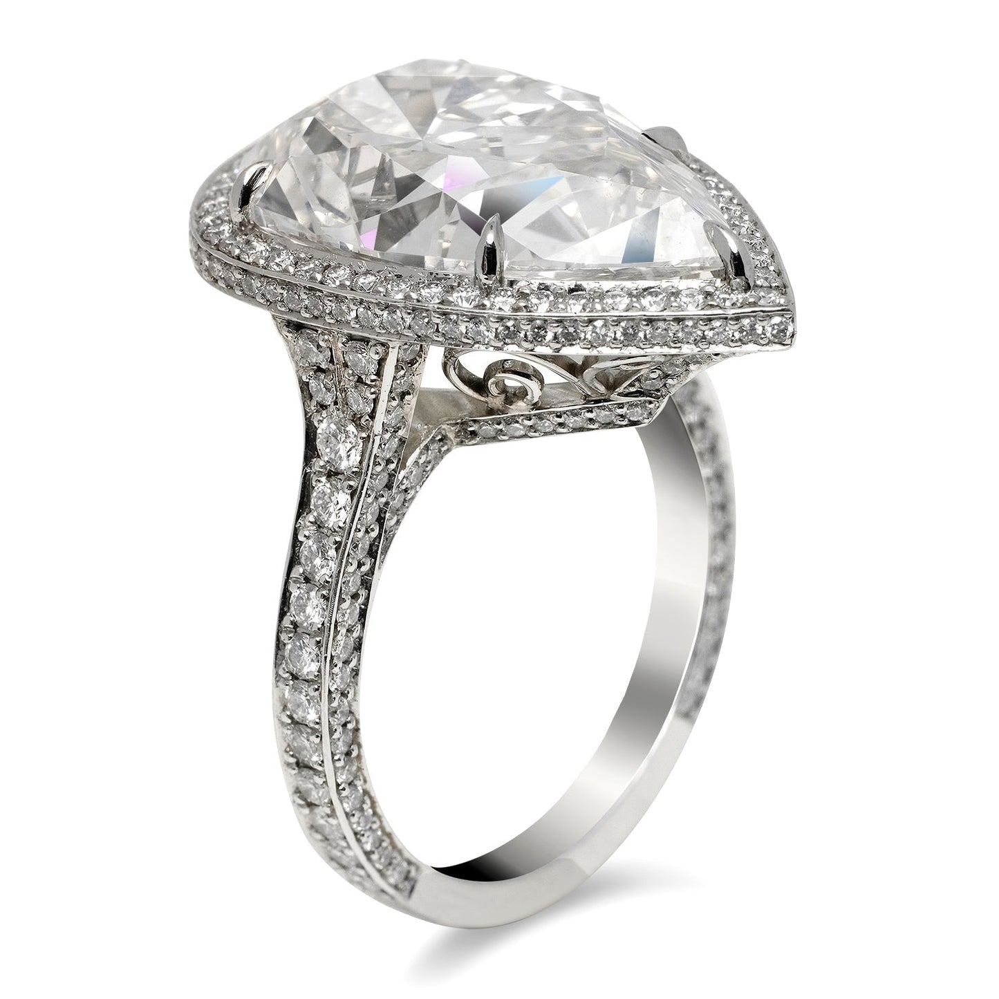 Diamond Ring Pear Shape Cut 12 Carat Halo Ring in Platinum Side View