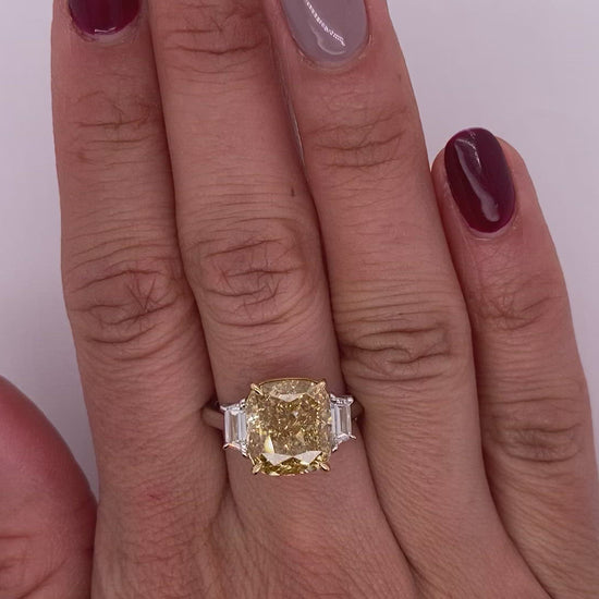 Brownish Green Diamond Ring Cushion Cut 6 Carat Three Stone Ring in 18k Gold Video on Hand