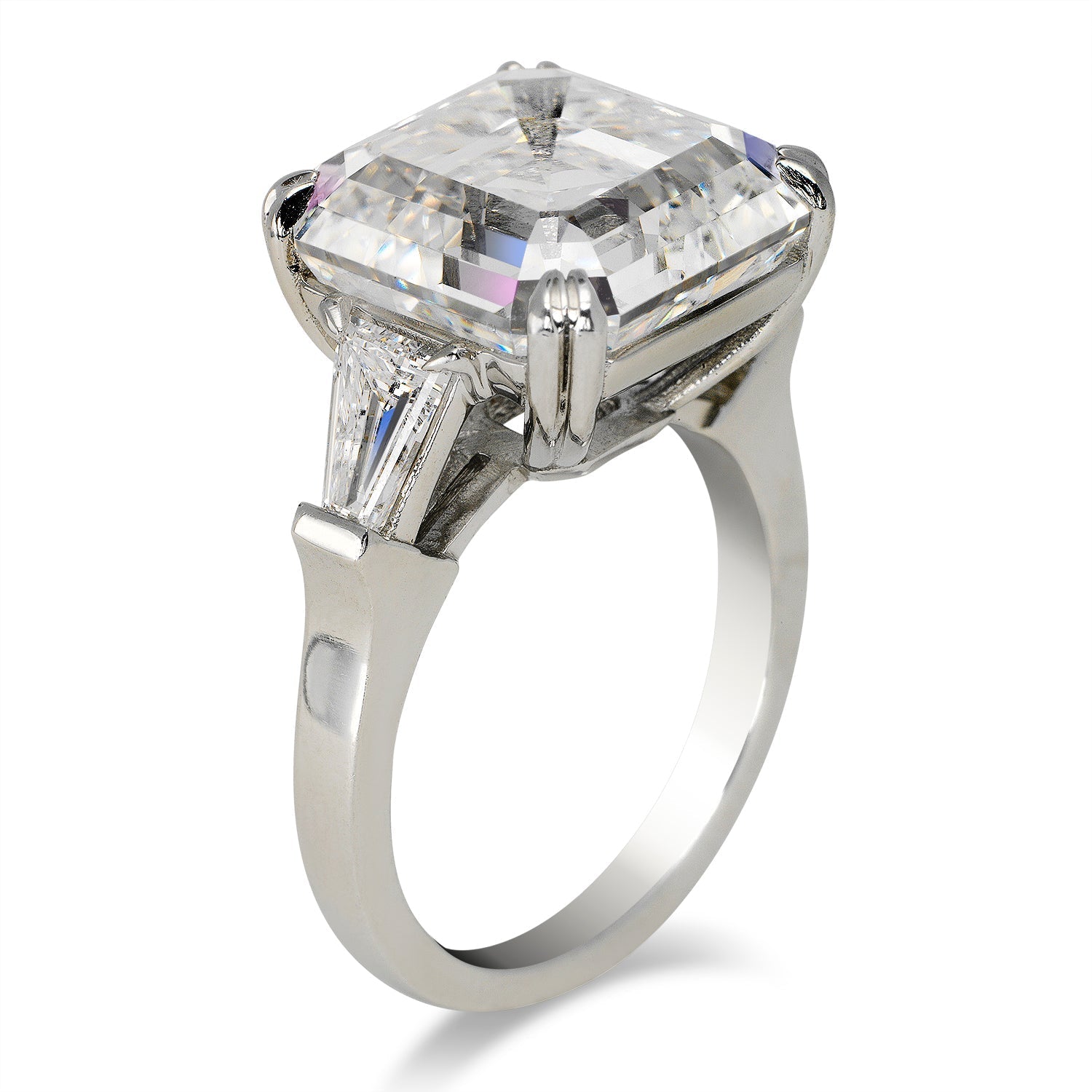 Diamond Ring Asscher Cut 12 Carat three stone ring in platinum Side View