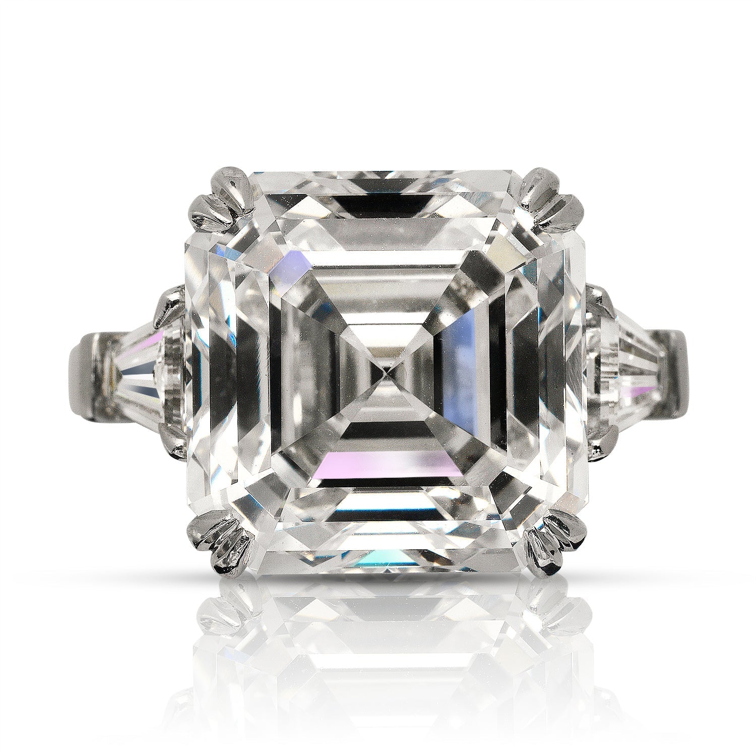 Diamond Ring Asscher Cut 12 Carat three stone ring in platinum Front View