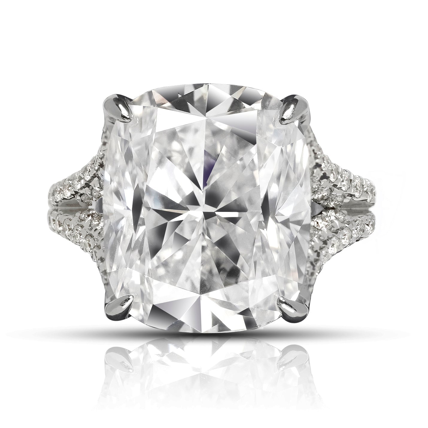 Diamond Ring Cushion Cut 13 Carat Sidestone Ring in 18K White Gold Front View