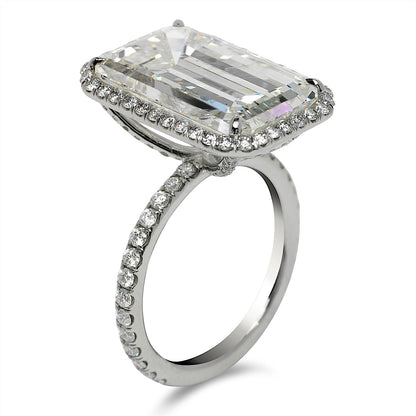 Diamond Ring Emerald Cut 13 Carat Halo Ring in Platinum Side View