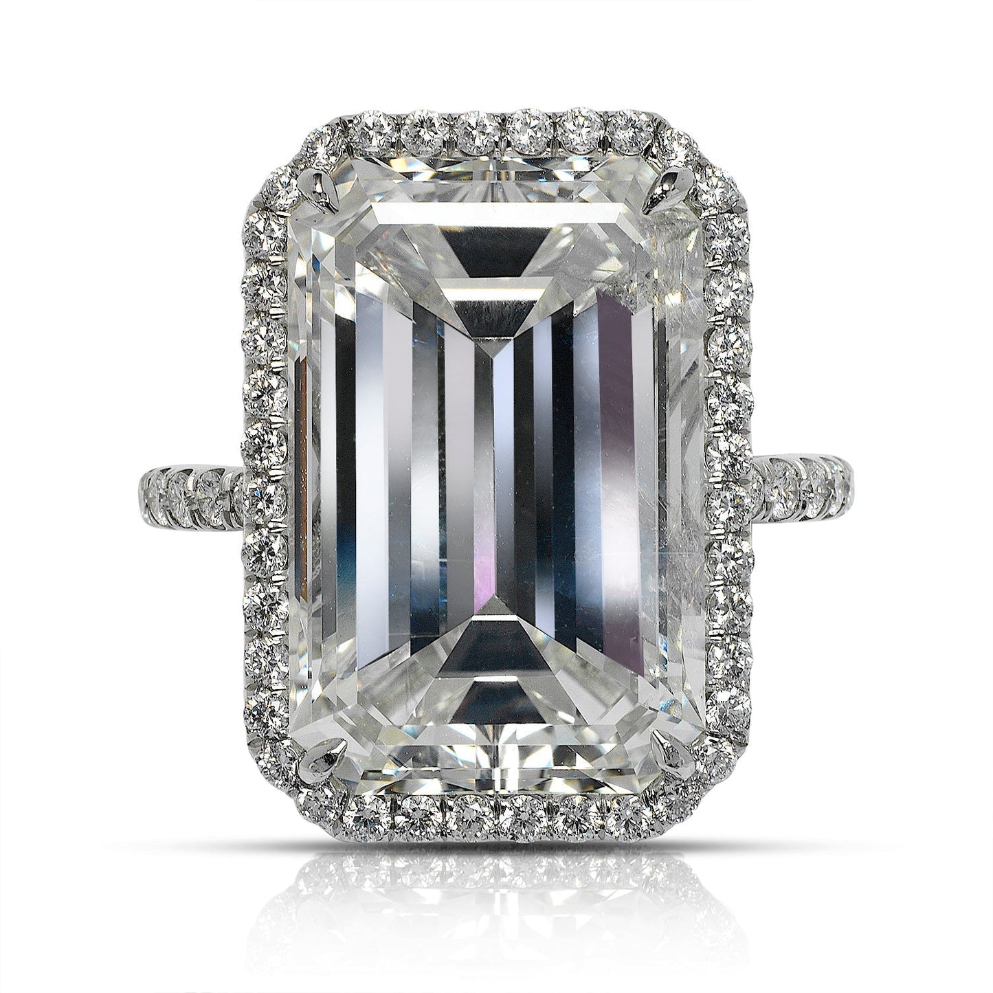 Diamond Ring Emerald Cut 13 Carat Halo Ring in Platinum Front View