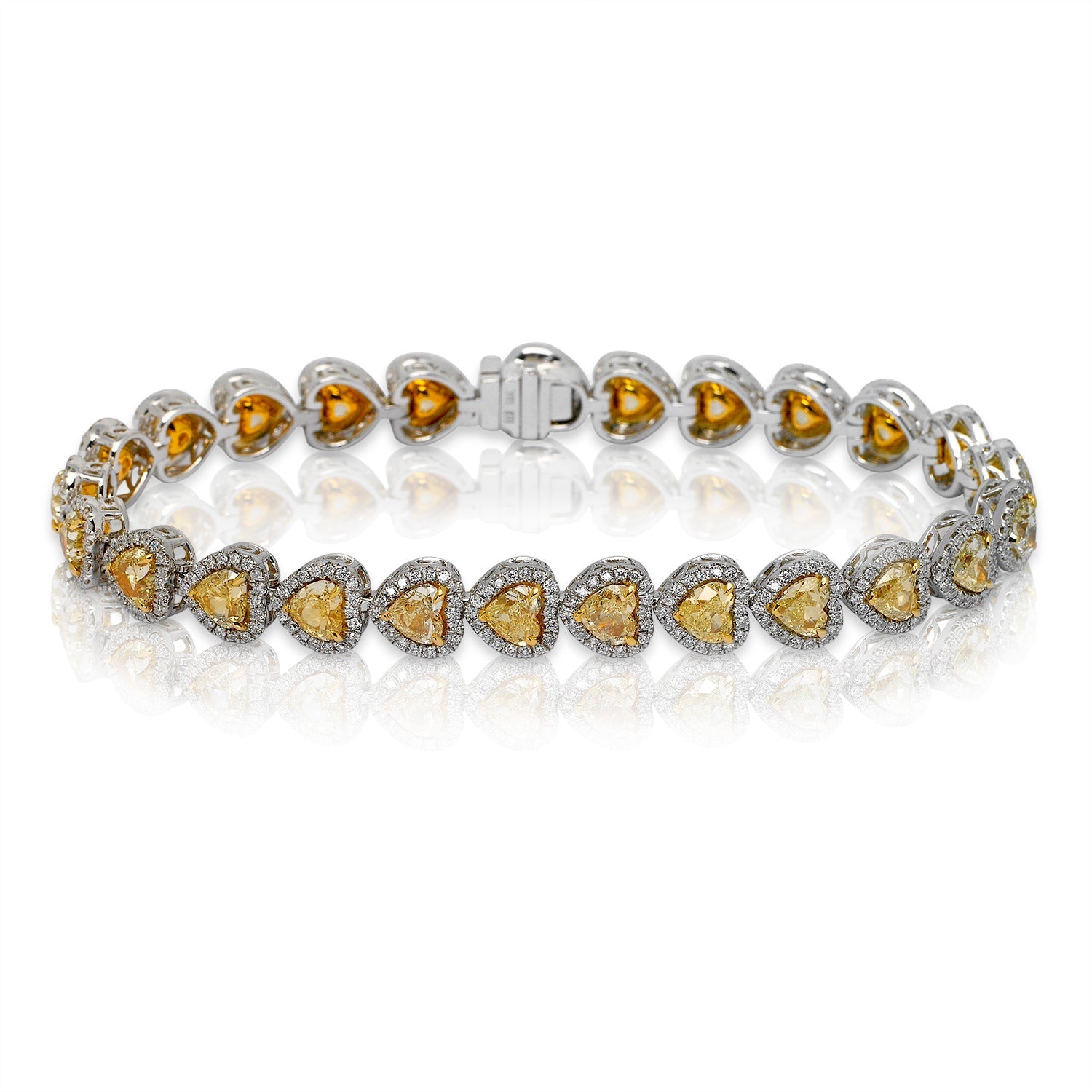 Yellow Diamond Tennis Bracelet Heart Shape 13 Carat in 18K White Gold Front View