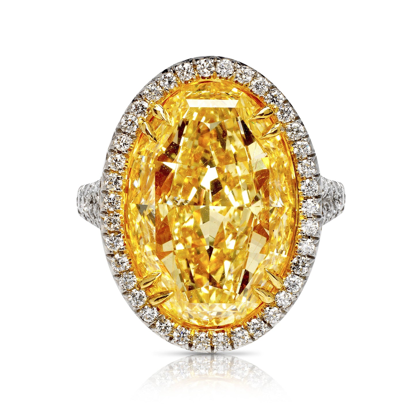 Fancy Yellow Diamond Ring Oval Cut 13 Carat Halo Ring in Platinum & 18K Gold Front View